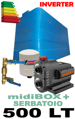 Kit autoclave inverterizzato silenzioso per casa fino a due piani (max 2 appartamenti) completo di sistema inverter midiBOX - polmone, raccordi - serbatoio salvaspazio in varie misure